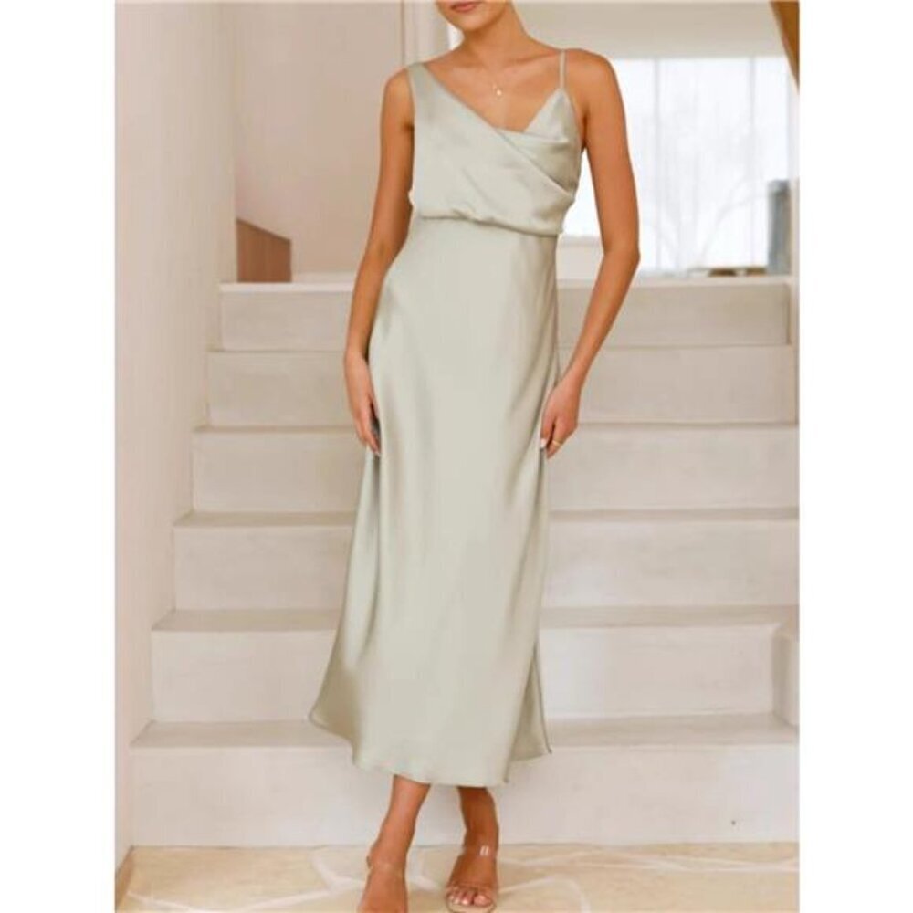 Satin Asymmetrical Midi Dress - Picture 16 of 16